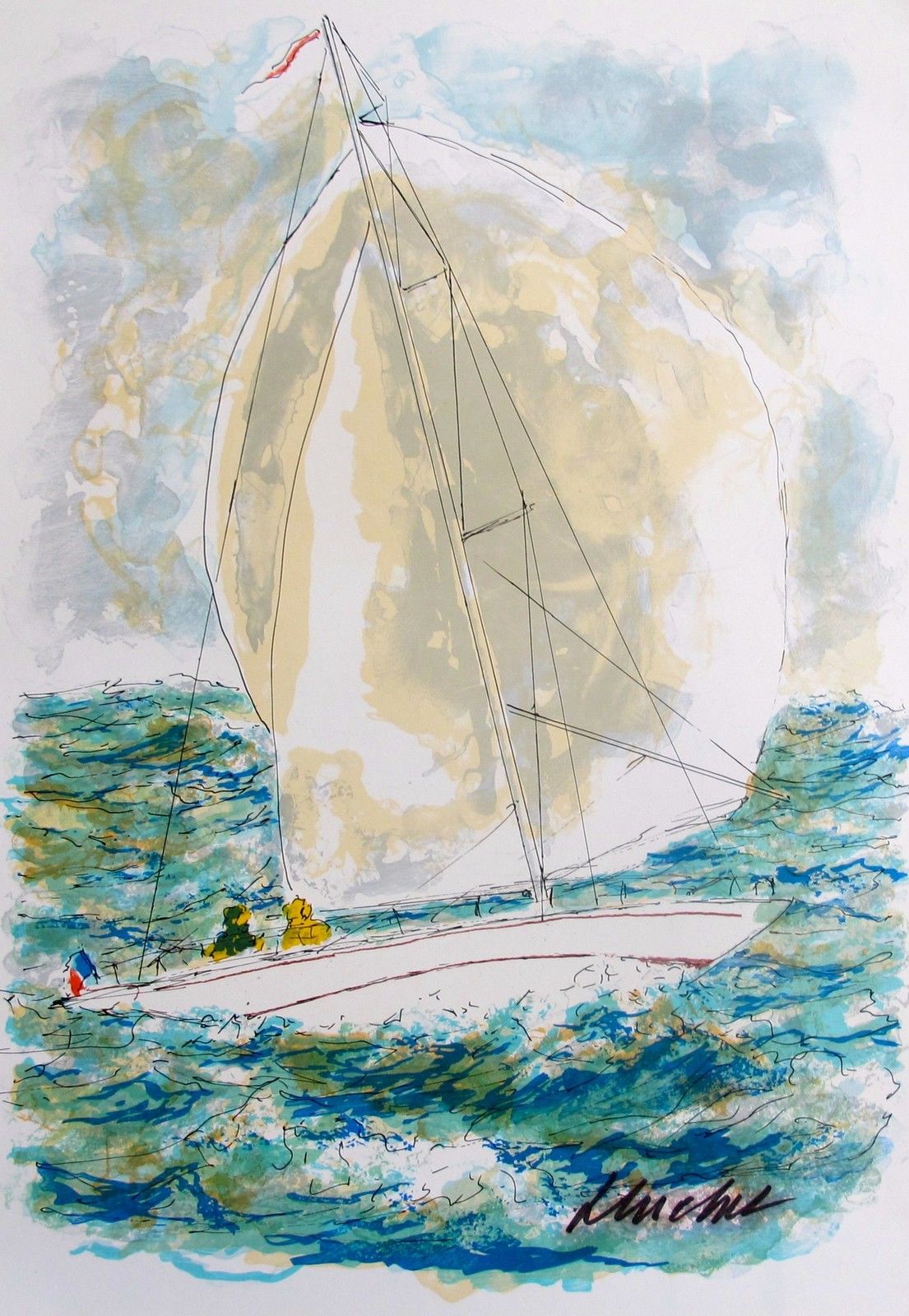 Urbain Huchet RACING YACHT IN ST. TROPEZ Hand Signed Limited Edition Lithograph