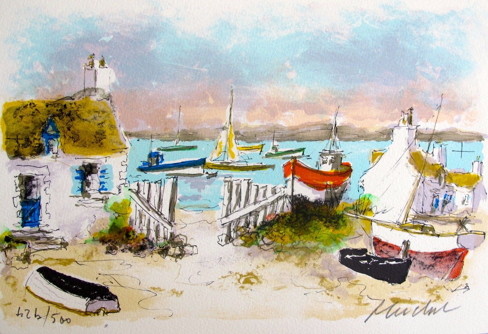 Urbain Huchet COTTAGES IN CHAUSEY Hand Signed Limited Edition Lithograph