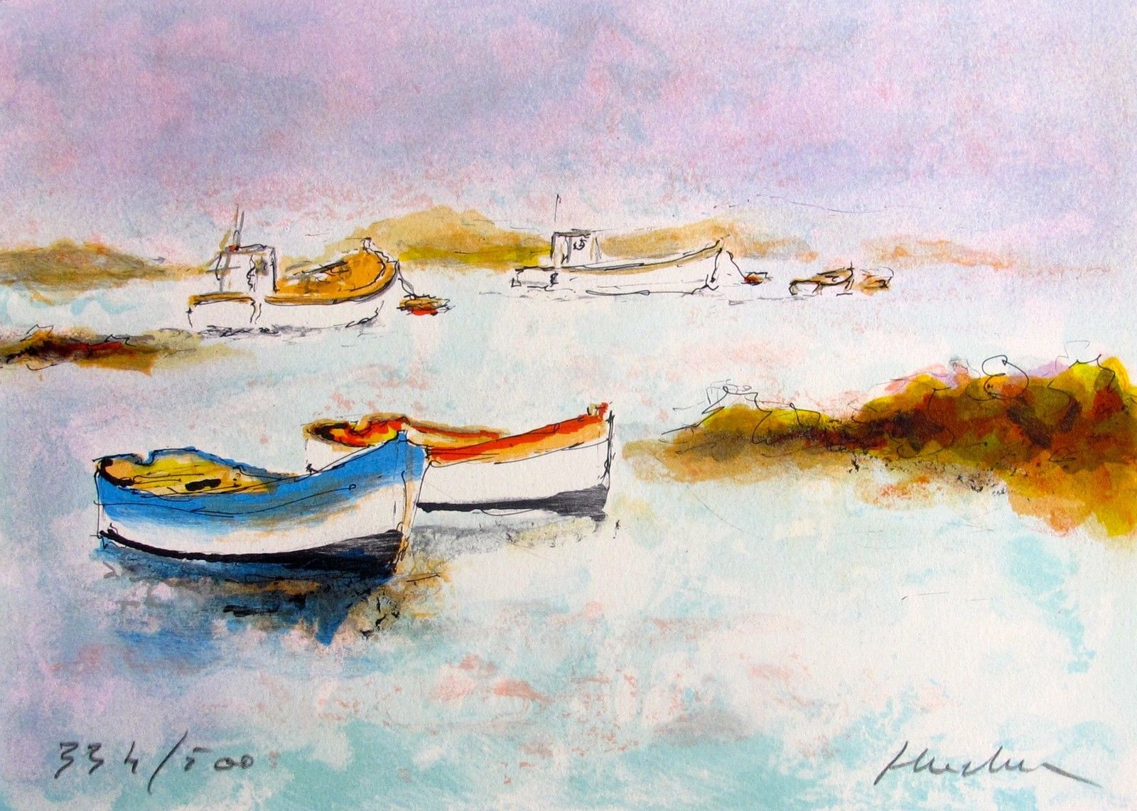 Urbain Huchet DEUX CANOES Hand Signed Limited Edition Lithograph