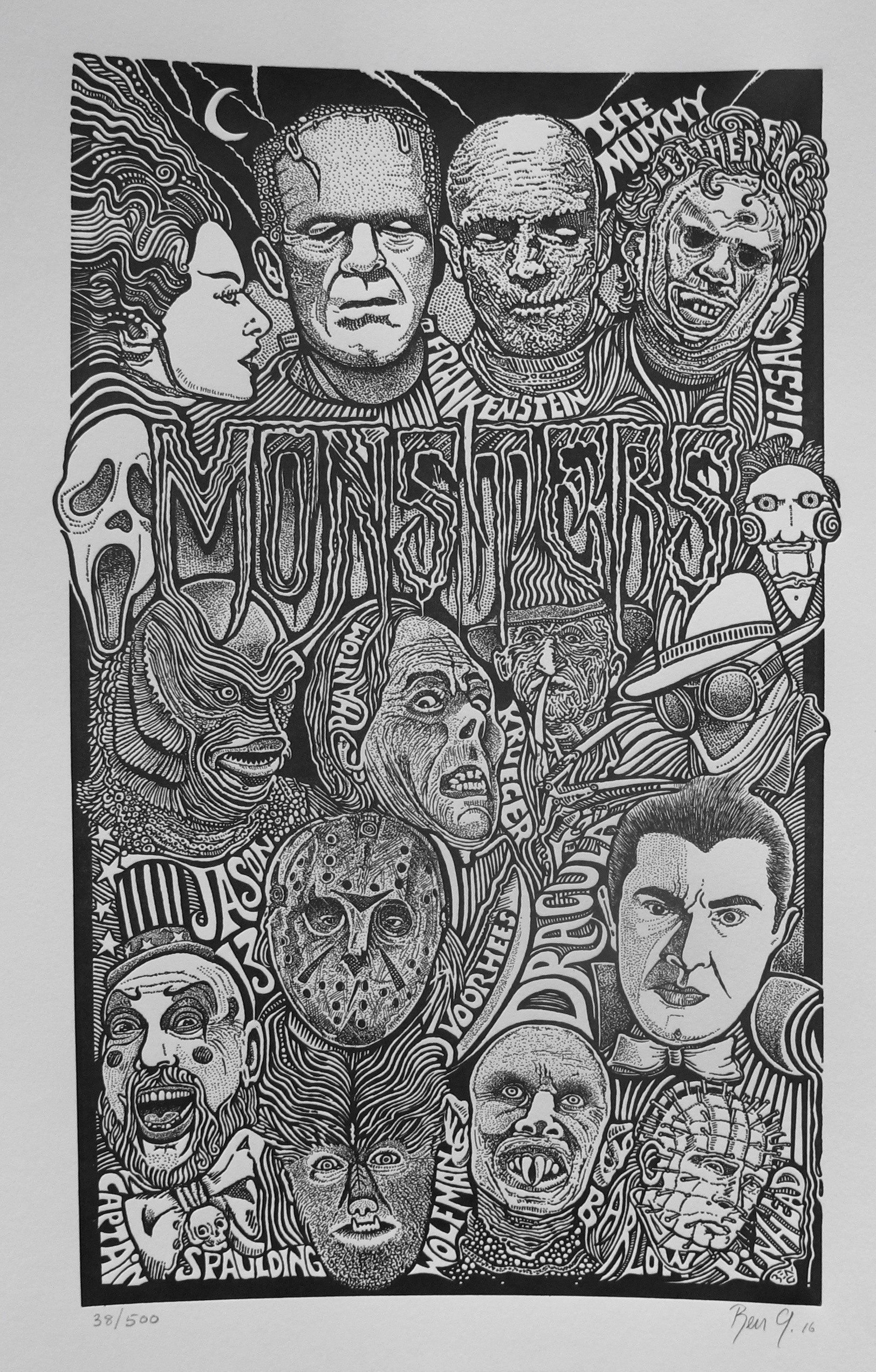 MONSTERS SCARY MOVIE VILLAINS Psychedelic Hand Signed Posterography Letterpress Art