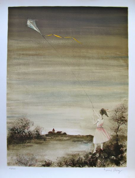 Bernard Charoy GIRL WITH KITE Hand Signed Limited Edition Lithograph