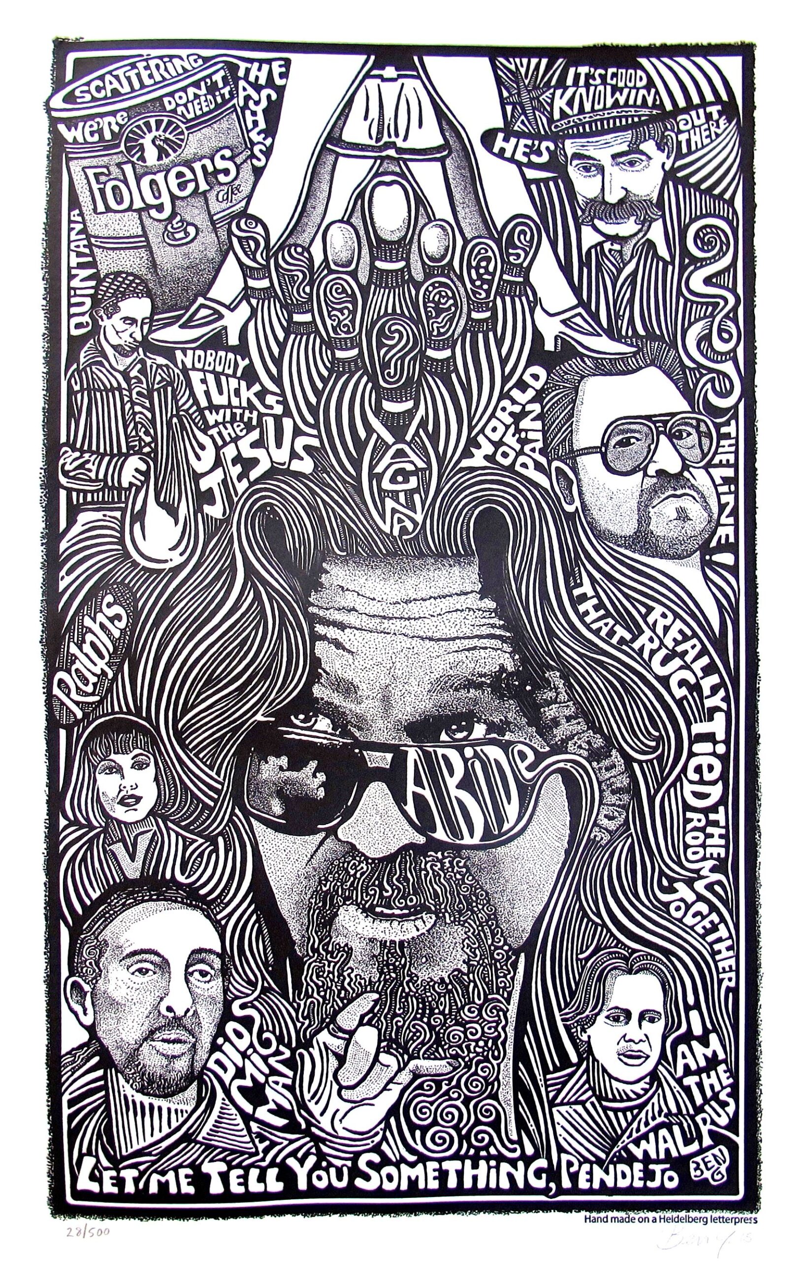 THE BIG LEBOWSKI MOVIE Psychedelic Hand Signed Posterography Letterpress ART