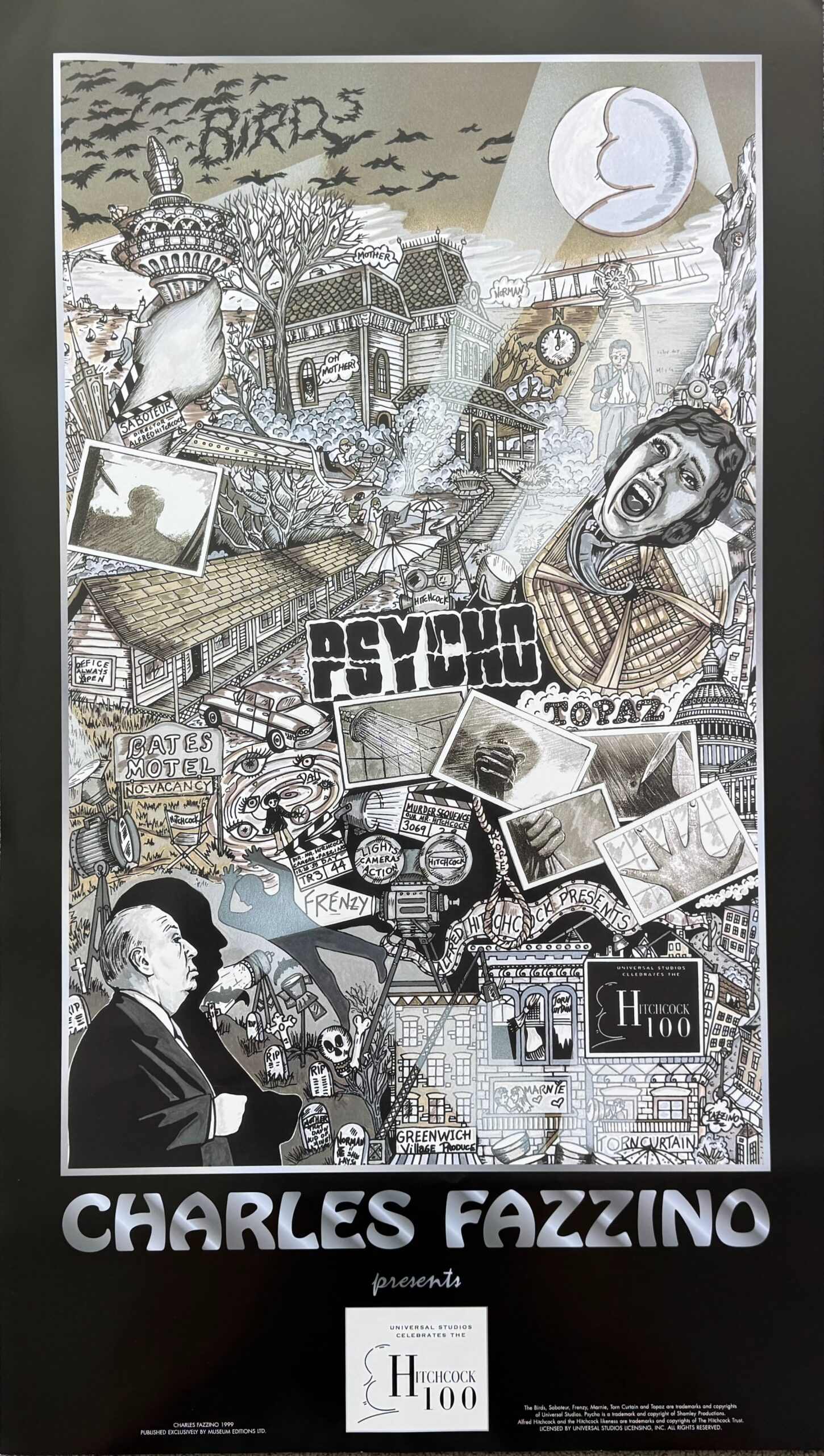 Charles Fazzino HITCHCOCK FILMS Poster Psycho The Birds Topaz Frenzy Marnie