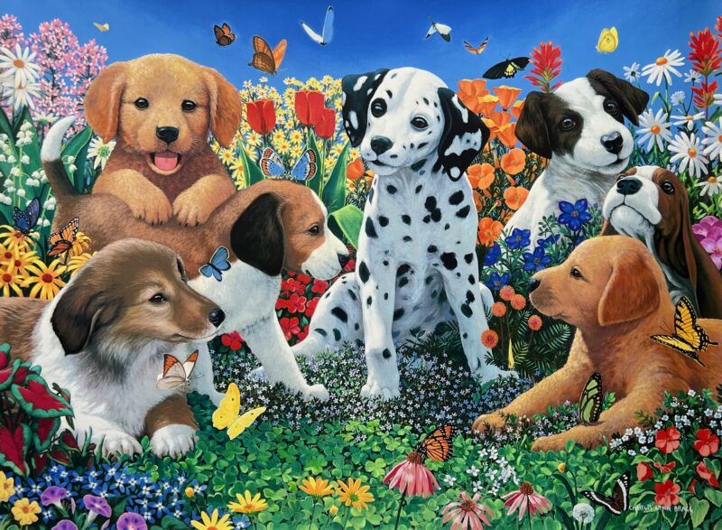 Charles Lynn Bragg PUPPIES GARDEN Hand Signed Limited Edition Giclee