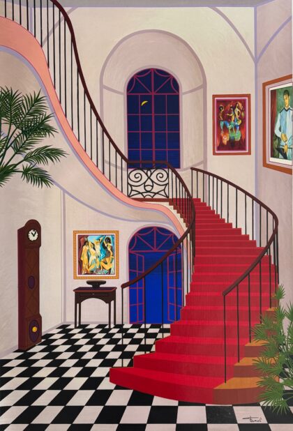 Fanch Ledan INTERIOR WITH RED STAIRCASE Hand Signed Serigraph on Canvas 34x23