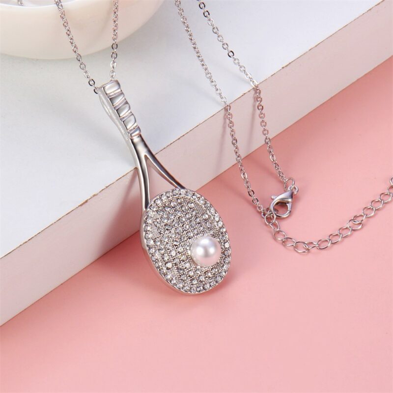 Crystal Rhinestone TENNIS RACKET Platinum Necklace Pendant Made with Swarovski