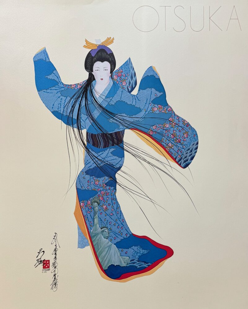 Hisashi Otsuka LADY MEIKO WITH LIBERTY Hand Signed Silk Texture Art