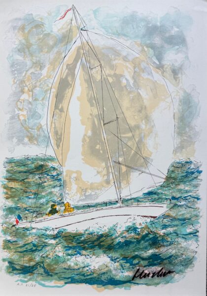 Urbain Huchet RACING YACHT IN ST. TROPEZ Hand Signed Limited Edition Lithograph