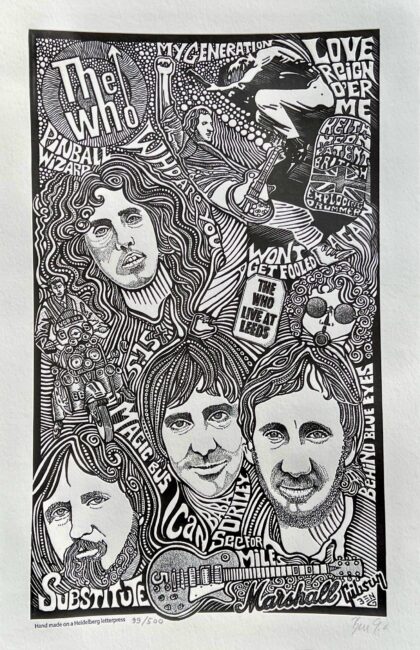 THE WHO BAND Psychedelic Hand Signed Posterography Letterpress Art