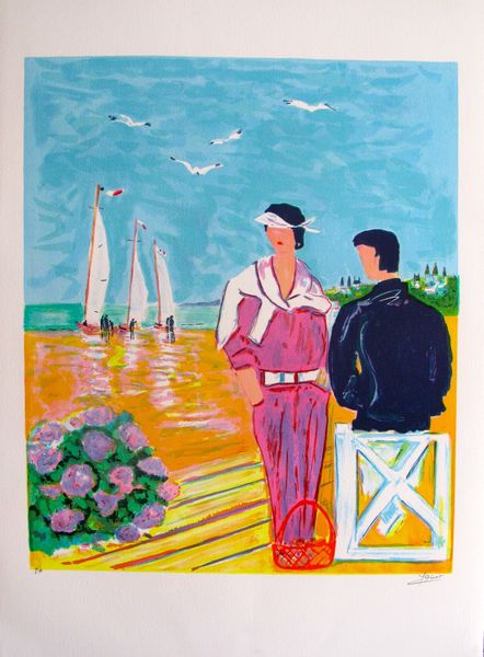 Jean-Claude Picot COUPLE AT DEAUVILLE 1980 Hand Signed Limited Edition Lithograph