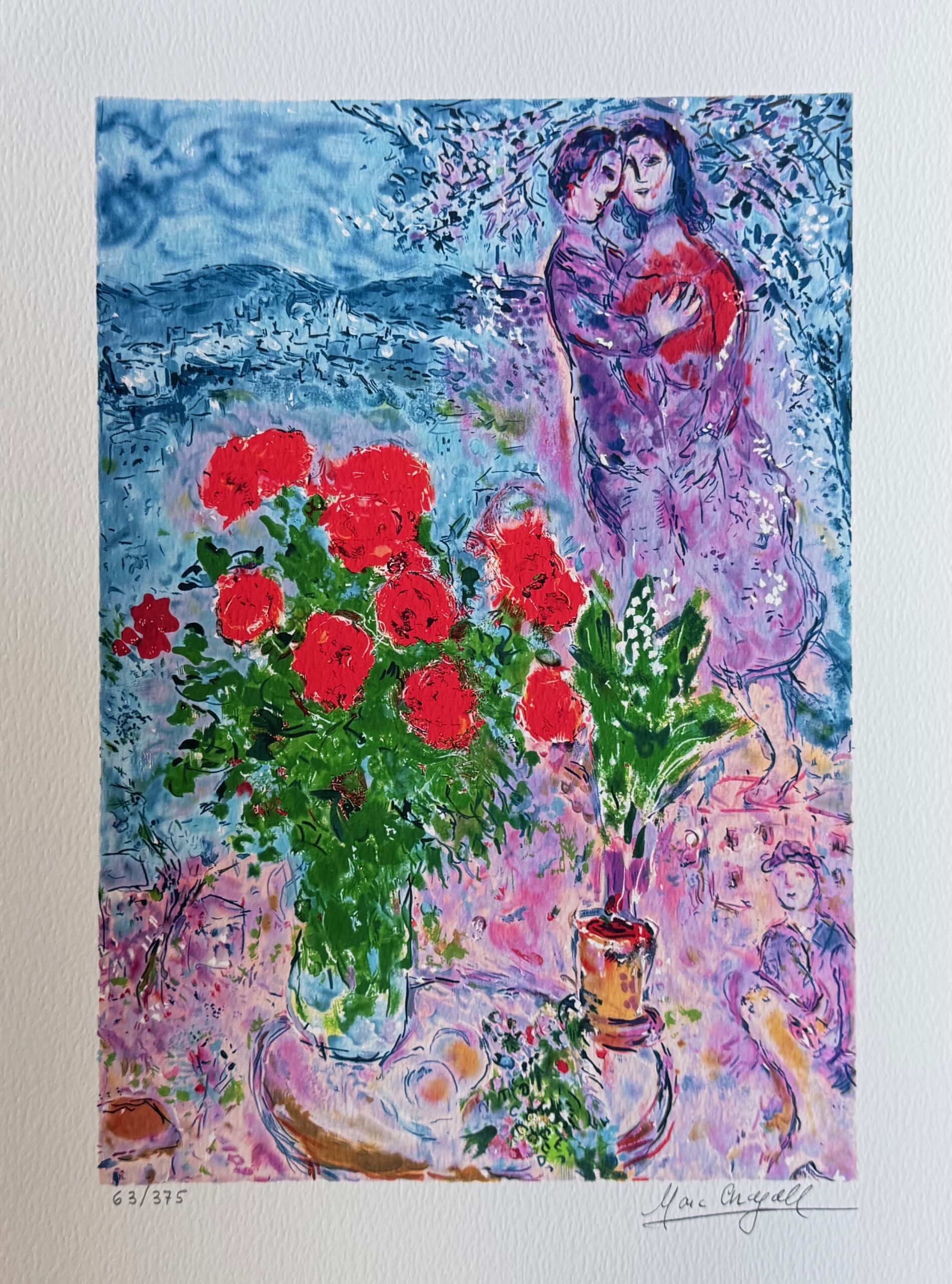 Marc Chagall RED BOUQUET WITH LOVERS Facsimile Signed Limited Edition Giclee 16" x 12"