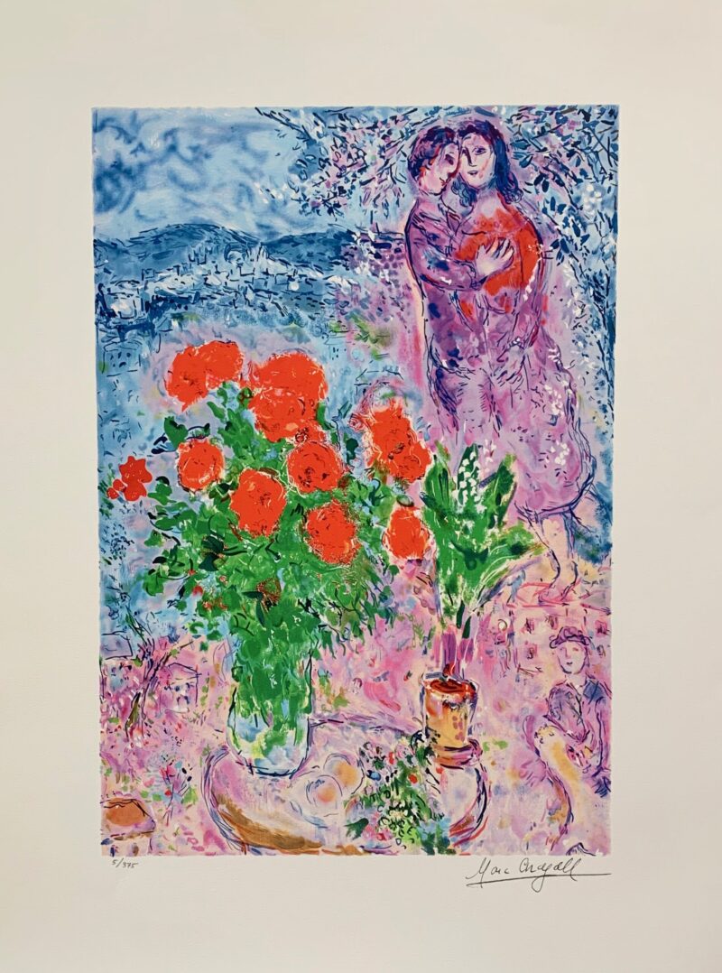 Marc Chagall RED BOUQUET WITH LOVERS Limited Edition Facsimile Signed Giclee 24" x 18"