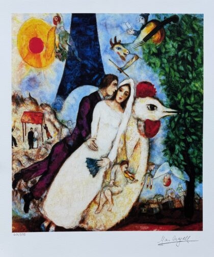 Marc Chagall BRIDE & GROOM OF EIFFEL TOWER Facsimile Signed Giclee Art 20 x 17