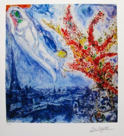 Marc Chagall FLOWERS OVER PARIS Limited Edition Facsimile Signed Giclee 22" x 17"