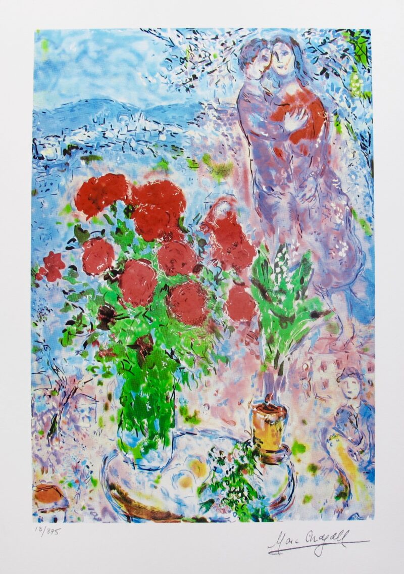 Marc Chagall RED BOUQUET WITH LOVERS Limited Edition Facsimile Signed Small Giclee