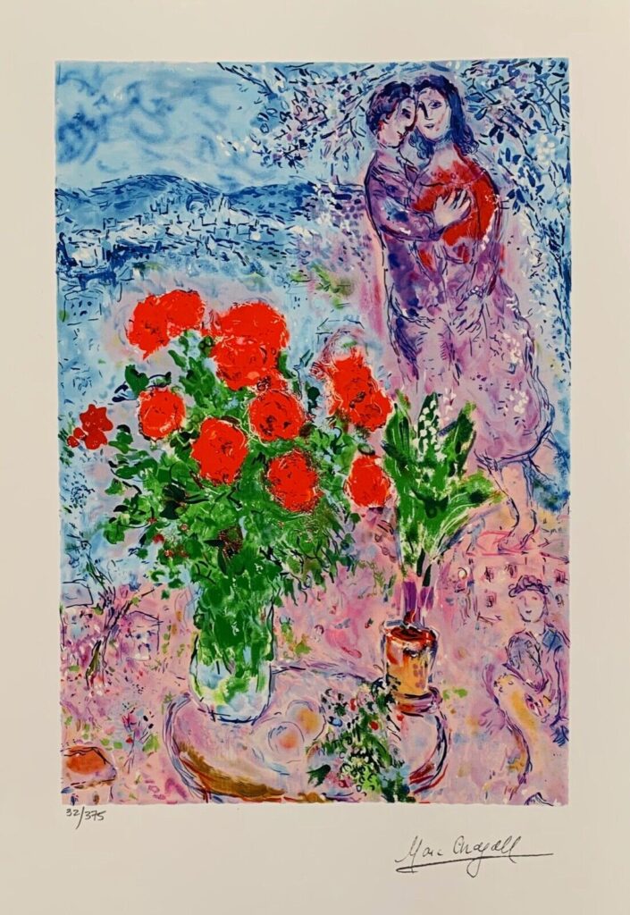 Marc Chagall Red Bouquet With Lovers Limited Edition Signed Giclee Art