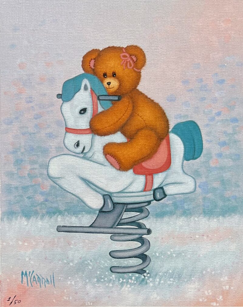 McCarroll TEDDY BEAR RIDING ROCKING HORSE Hand Signed Giclee on Canvas