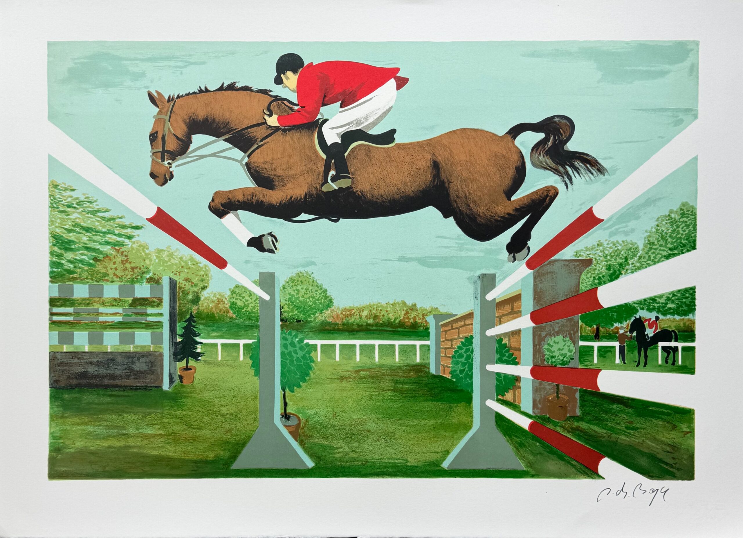 Pierre Charles Bayle OBSTACLE COURSE Hand Signed Lithograph Horse Jumping Art