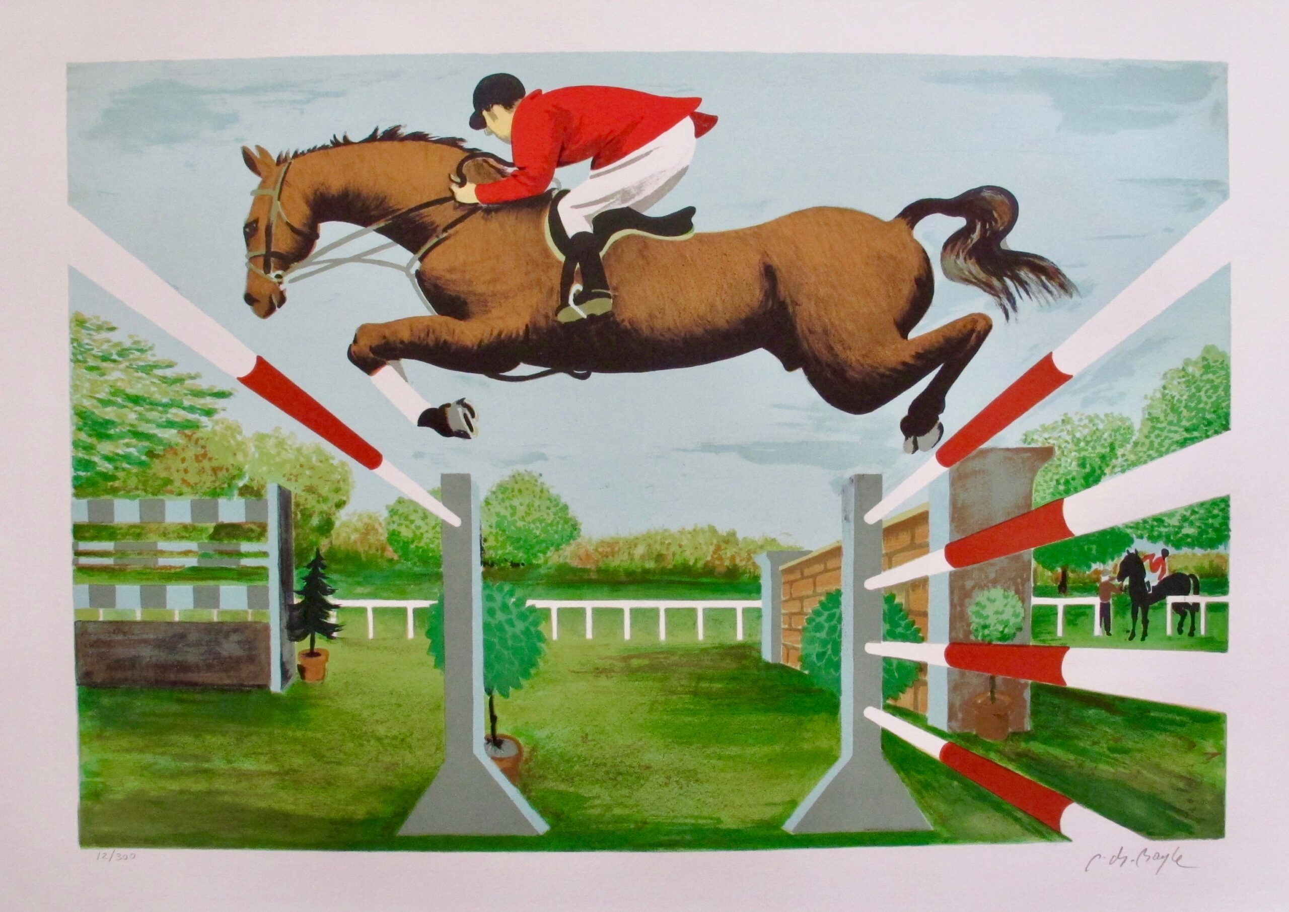 PIERRE CHARLES BAYLE Obstacle Course Hand Signed Lithograph Horse Racing Art