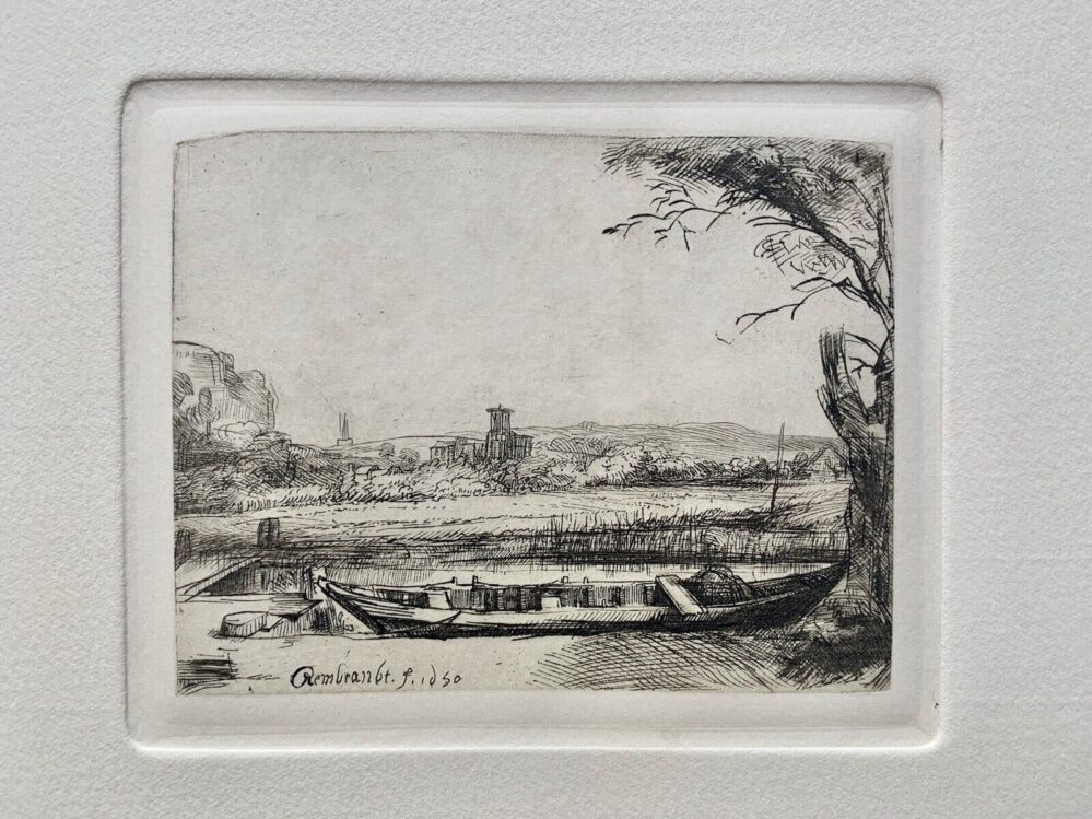 REMBRANDT Amand Durand Signed Etching CANAL WITH A LARGE BOAT AND BRIDGE