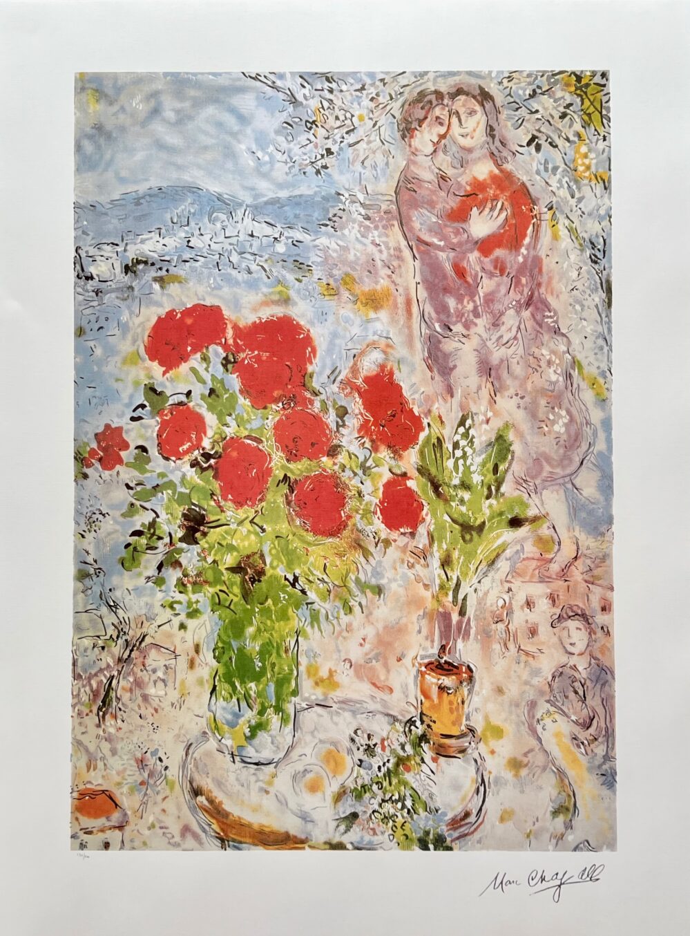 Marc Chagall RED BOUQUET WITH LOVERS Limited Edition Lithograph