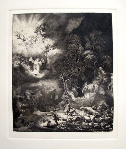 Rembrandt THE ANGEL APPEARING TO THE SHEPHERDS Plate Signed Etching