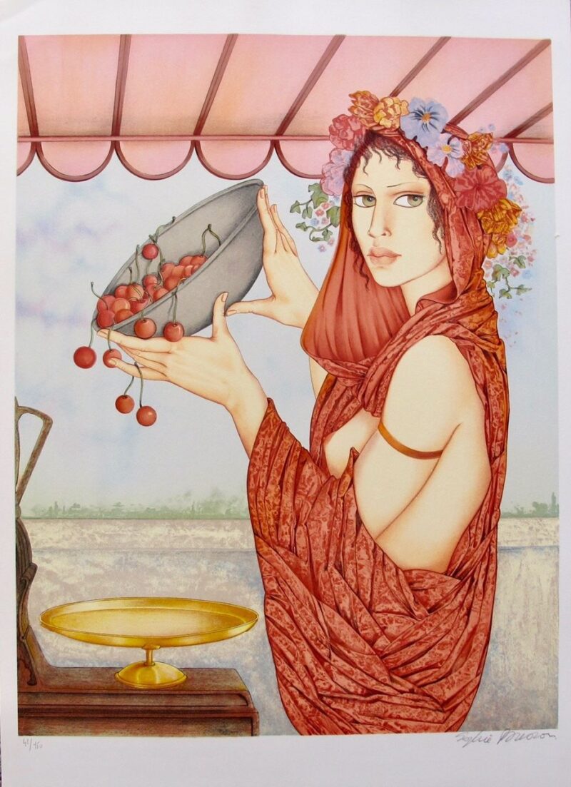 SOPHIE BUSSON "CHERRIES" Hand Signed Limited Edition Lithograph French Art Mucha