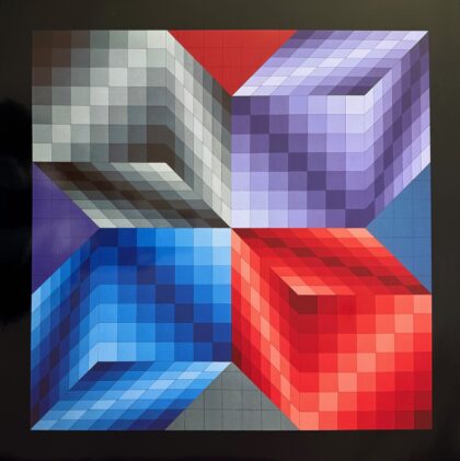 VICTOR VASARELY 1974 Heliogravure Print Art 16.5 x 16.5' KUB-STRI
