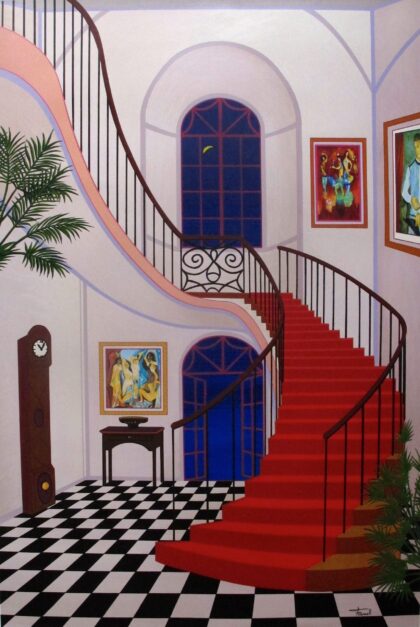 FANCH LEDAN "INTERIOR WITH RED STAIRCASE" Hand Signed Serigraph on Canvas