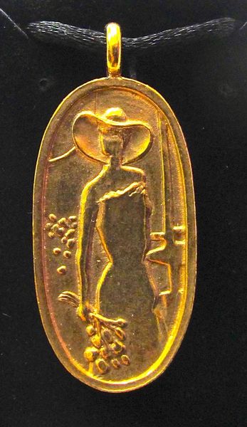 EMILE BELLET “RED WOMAN” Signed Gold Medallion Necklace Pendant